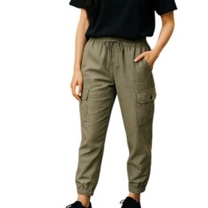 SILVER Charlotte Linen Blend Cargo Joggers Olive Green High Waist Pockets Size M